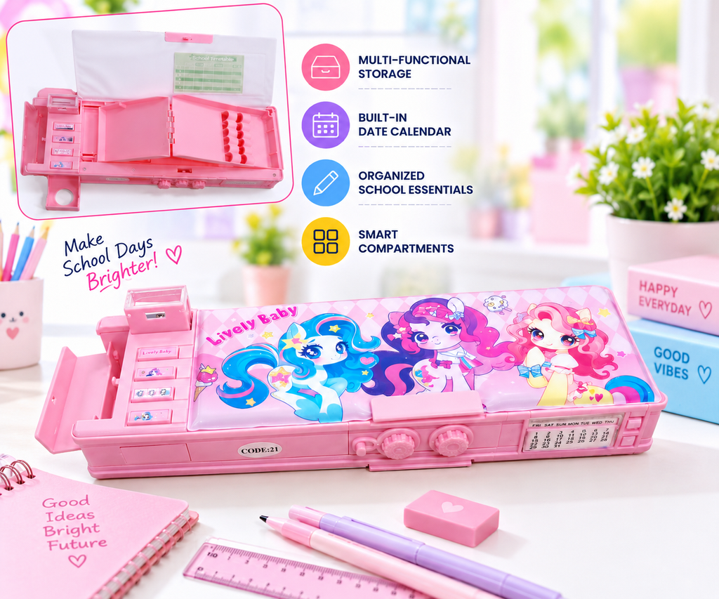 Multifunctional Double Side Pop-Up Pencil Box with 2-Digit Password Lock, Inbuilt Sharpener & Calendar Dial | Smart Compass Box for Kids