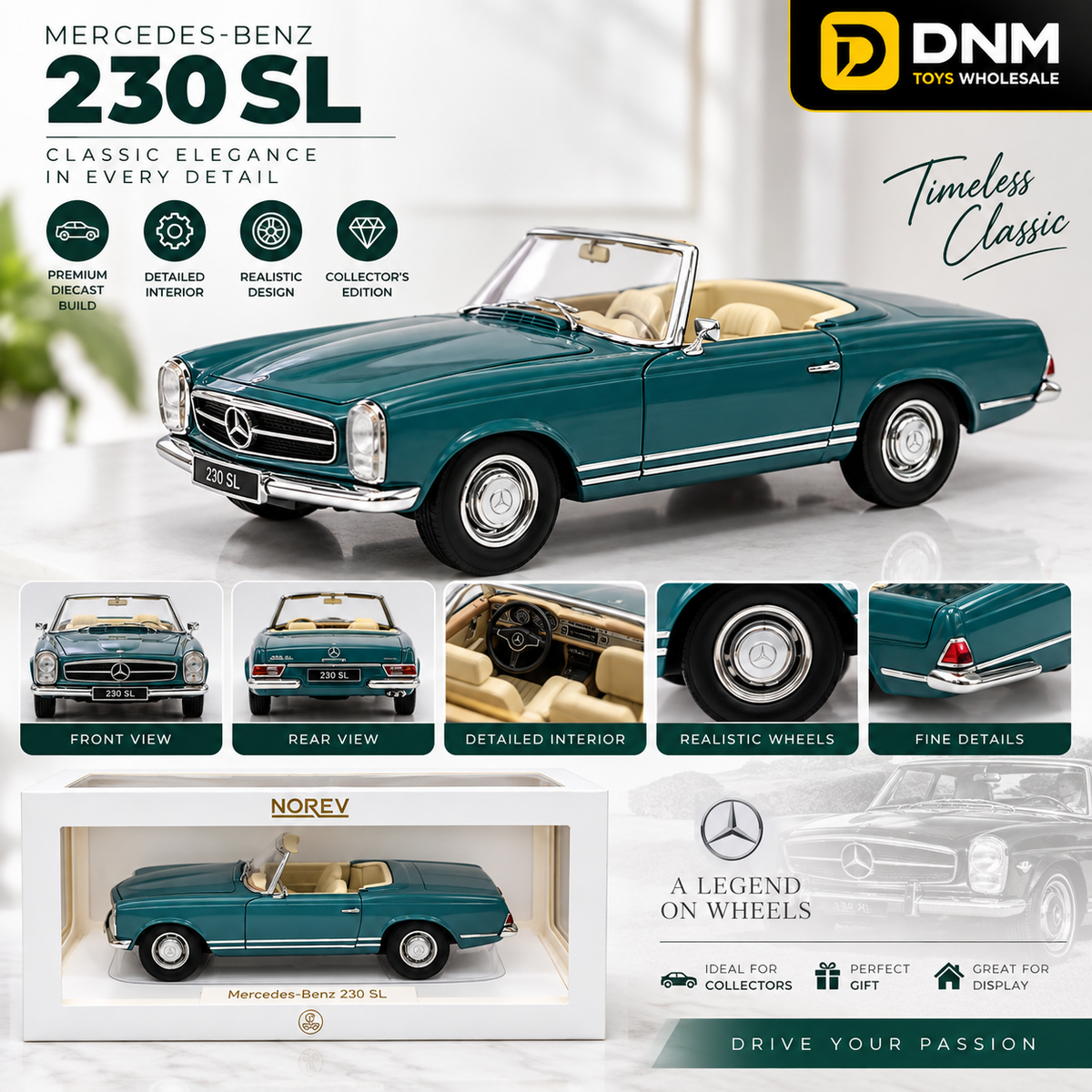 Mercedes-Benz 230 SL Classic Convertible Diecast Model Car 1:18 Scale – Collector Edition