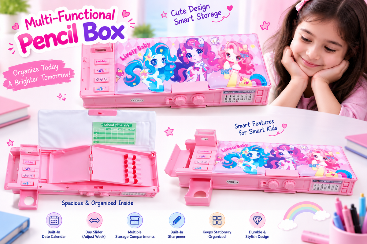 Lively Baby Unicorn Multifunction Pencil Box for Girls with 2-Digit Password Lock, Built-in Sharpener & School Timetable