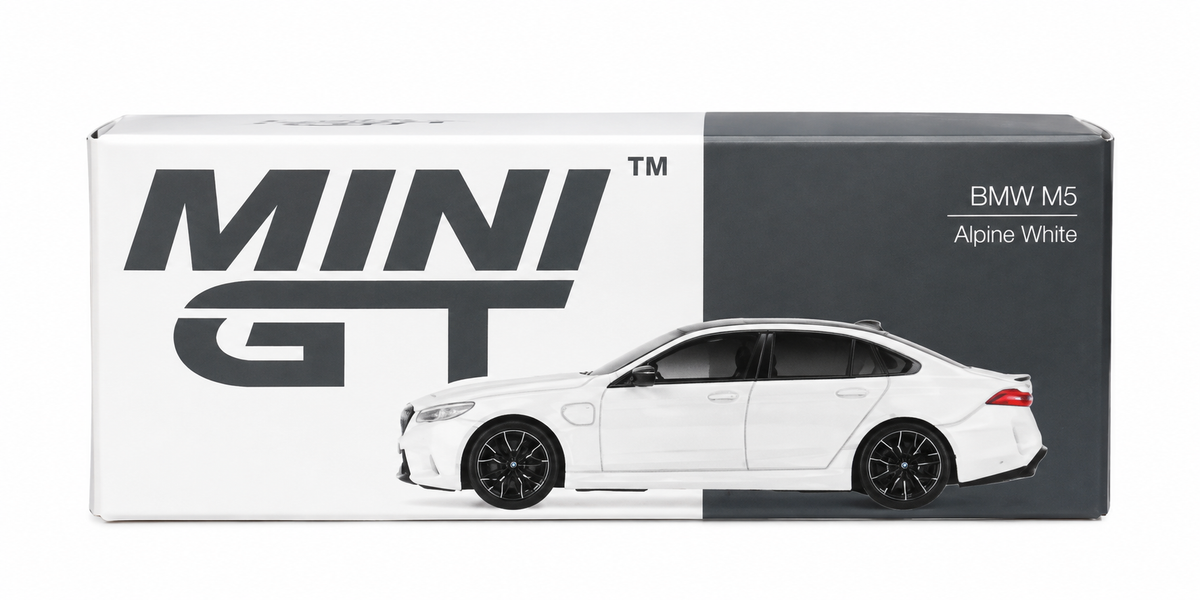 DNM-MGT-1092-BMW-M5-WHT = MINI GT BMW M5 Alpine White #1092 1:64 Diecast Model Car