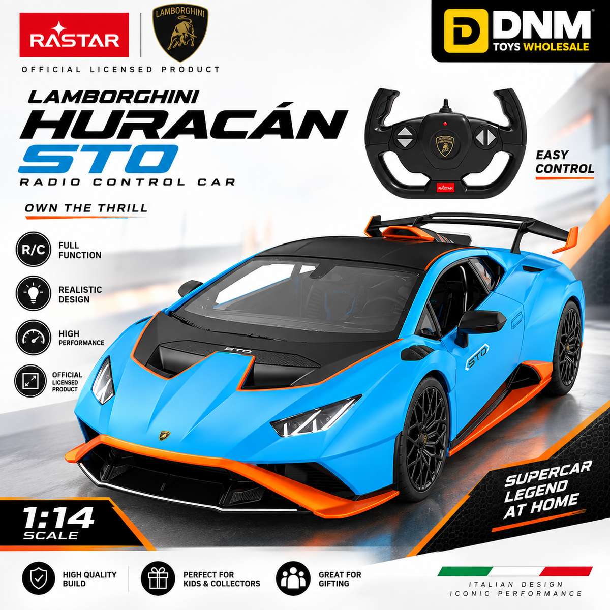 1:14 RC Sports Car Blue & Orange | Steering Wheel Remote