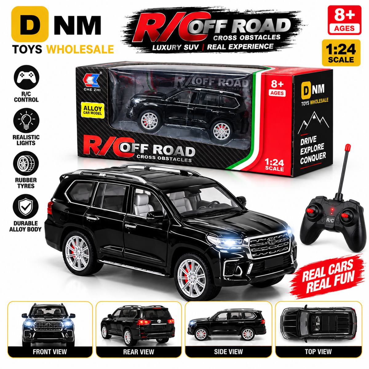 CZ125E-BLK-124 - 1:24 Black RC Off-Road SUV Toy Car with Lights