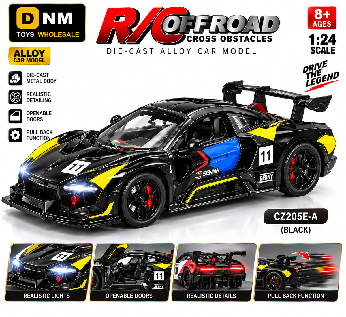 CZ205E-A BLACK 1:24 Black GT Racing Die-Cast Alloy Car Model | Pull Back