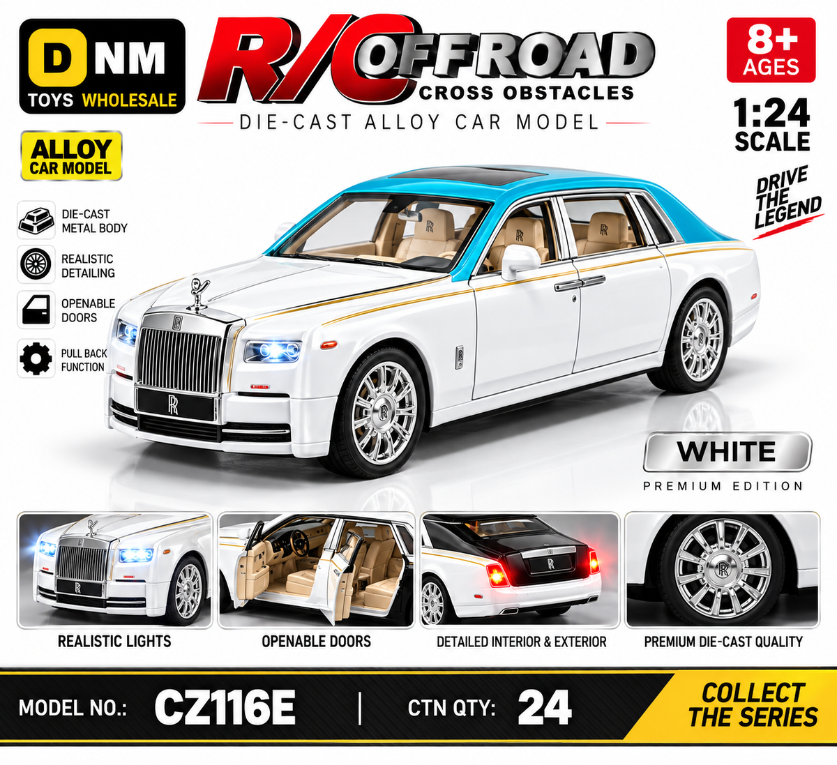 CZ116E-WHT-124 - 1:24 White Die-Cast Luxury Car Model – Pull Back Toy with Openable Doors