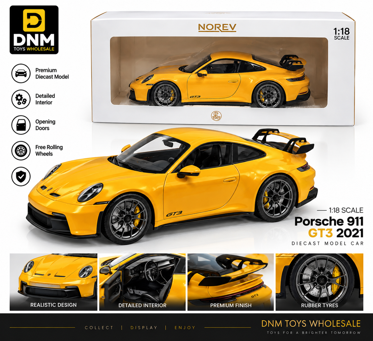 1:18 Scale Porsche 911 GT3 2021 Yellow Diecast Model Car