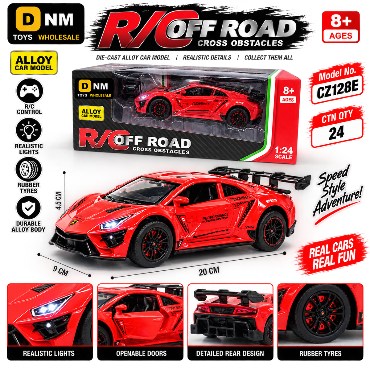 CZ128E -RED 1:24 R/C Alloy Sports Car | LED Lights & Rubber Tyres