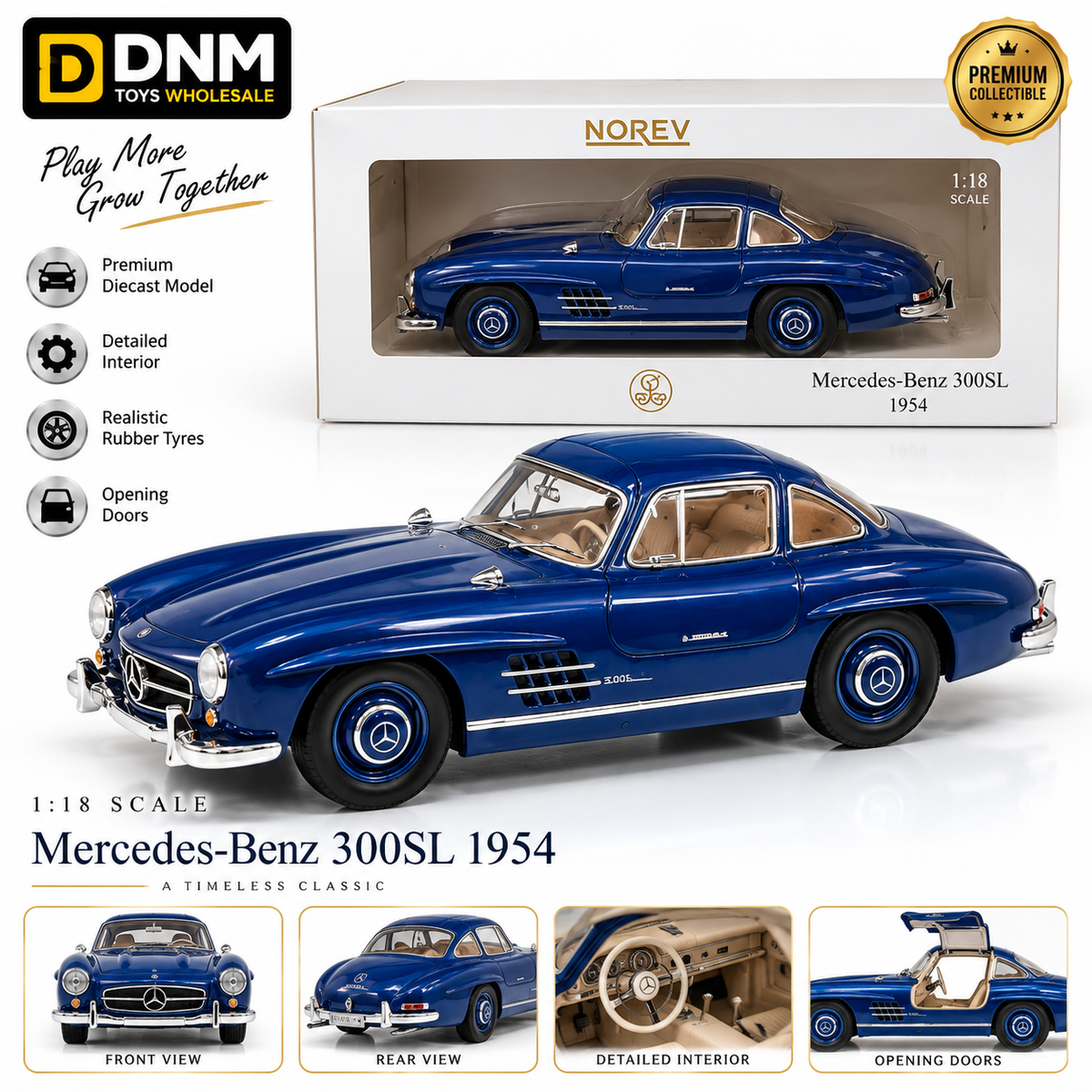 1:18 Scale Mercedes-Benz 300SL 1954 Classic Diecast Model Car – Blue Collectible with Display Box