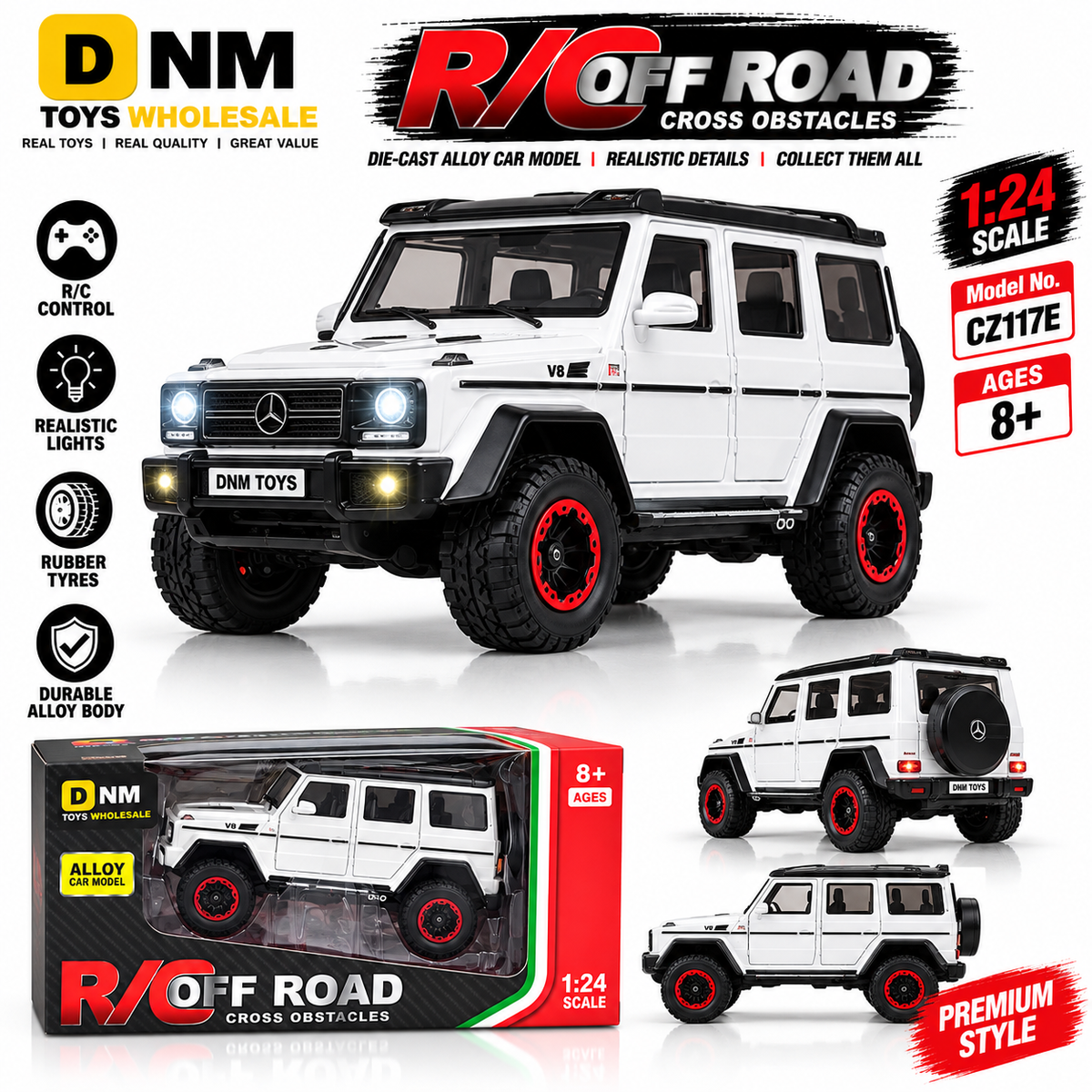 CZ117E-WHT-124 - 1:24 White RC Off-Road Alloy Car | 4x4 Toy SUV with Lights