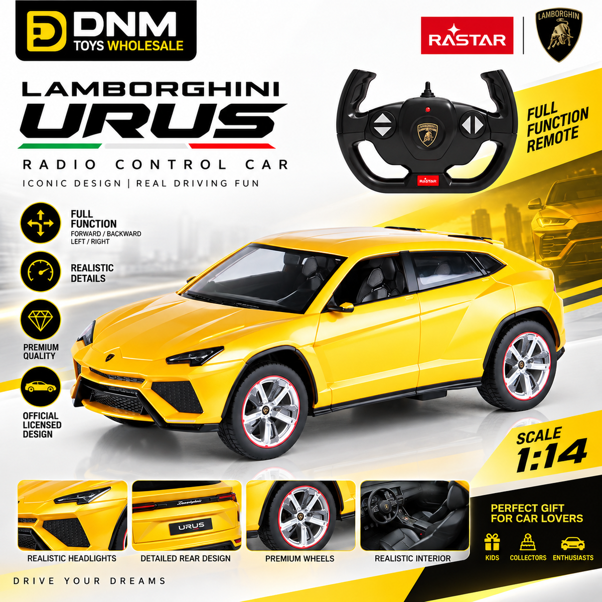RASTAR Lamborghini URUS 1:14 RC Car Yellow | DNM Toys Wholesale