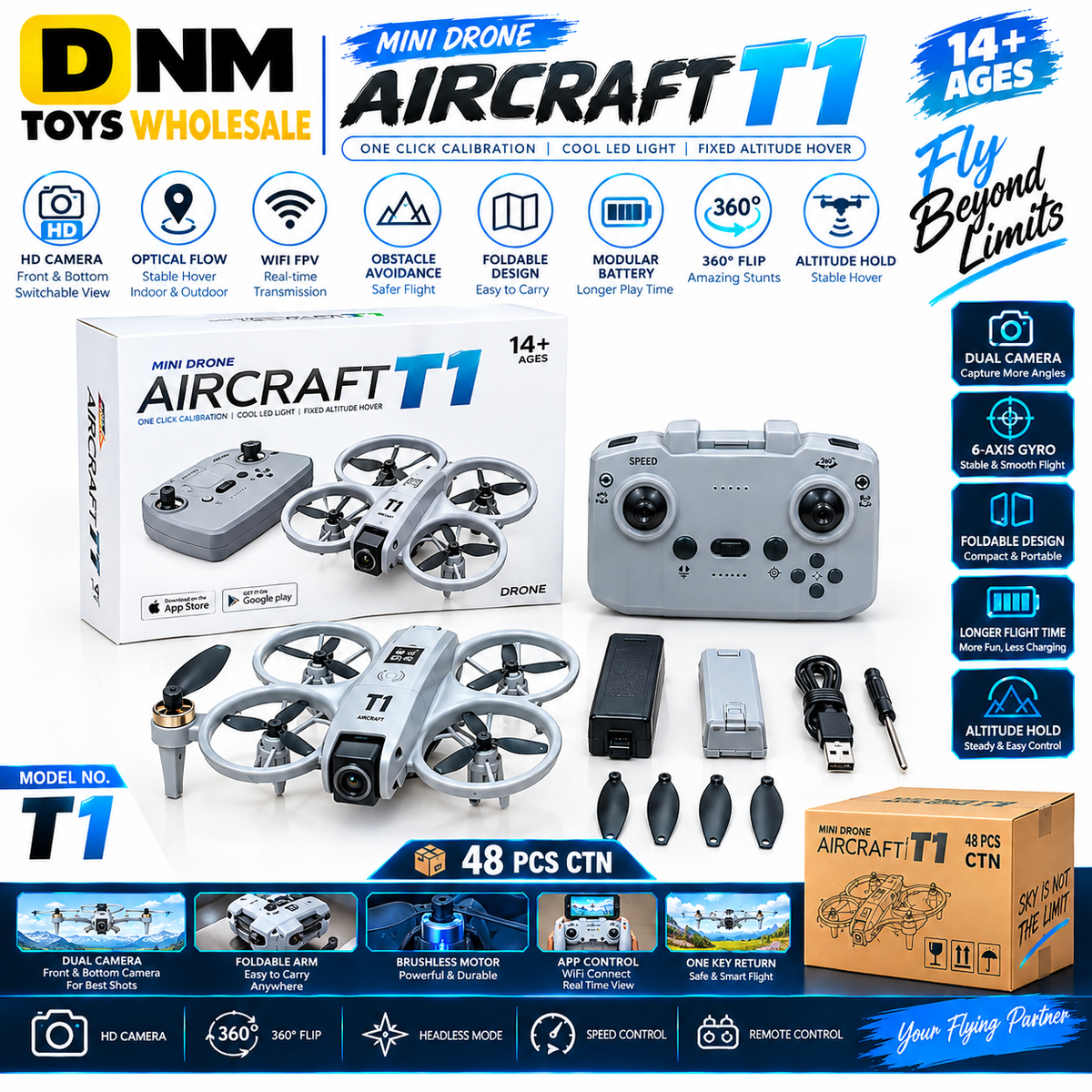DNM-T1-MINI-DRONE-48 - Mini Drone T1 Dual Camera RC Drone with Optical Flow & LED Lights