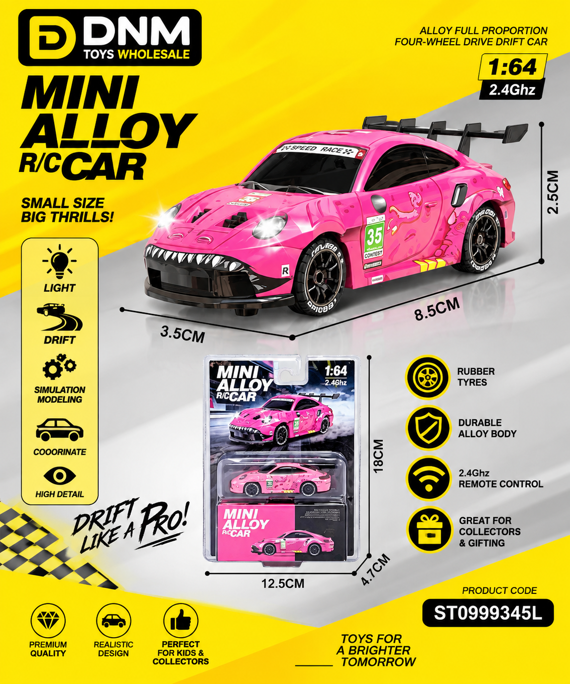 1:64 Mini Alloy RC Drift Car 2.4GHz 4WD Pink