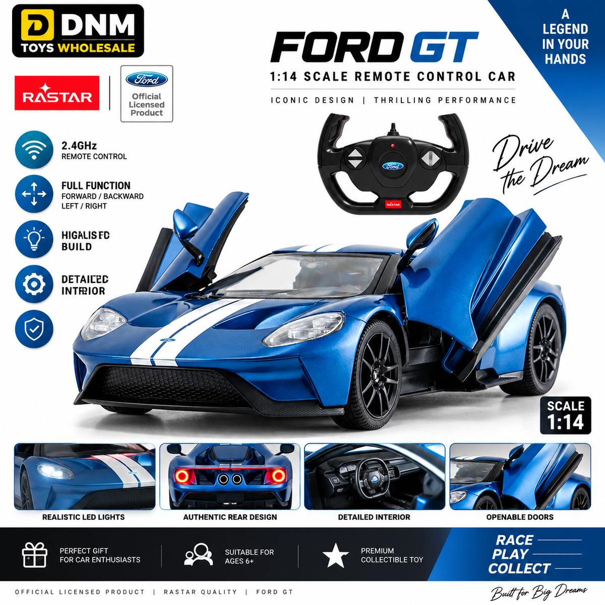 RASTAR 1:14 Ford GT RC Car Blue | Remote Control Sports Car