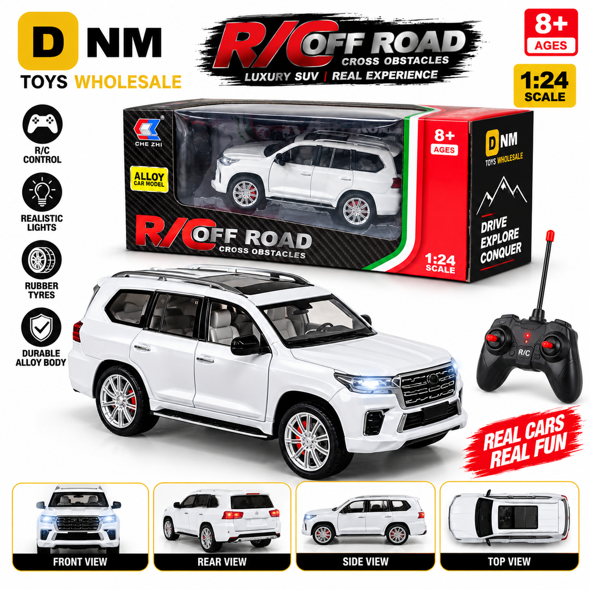 CZ125E-WHT-124 - 1:24 White RC SUV Toy Car | Alloy Body, LED Lights & Rubber Tires