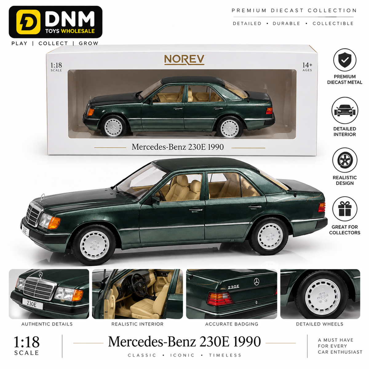 1:18 Scale Classic Sedan Diecast Model Car – 1990 Luxury Collectible Display Car