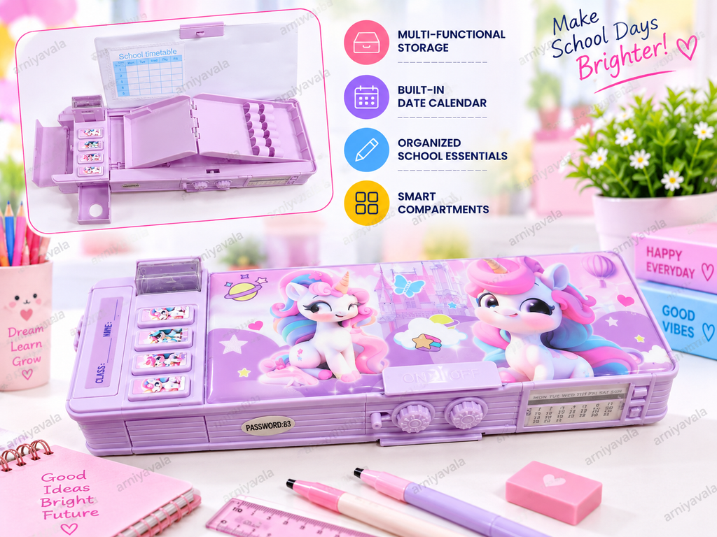 Multifunctional Double Side Pop-Up Pencil Box with 2-Digit Password Lock, Inbuilt Sharpener & Calendar Dial | Smart Compass Box for Kids