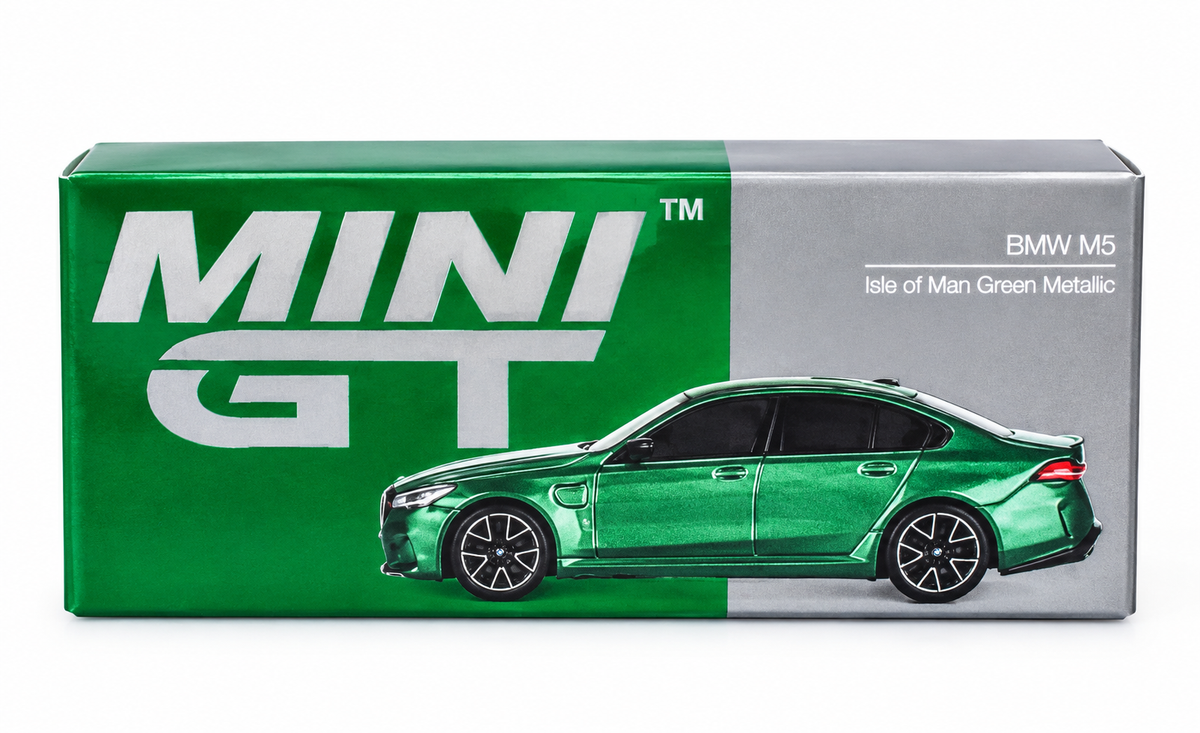 MINI GT BMW M5 G90 1:64 Diecast Model Car – Isle of Man Green Metallic #1086