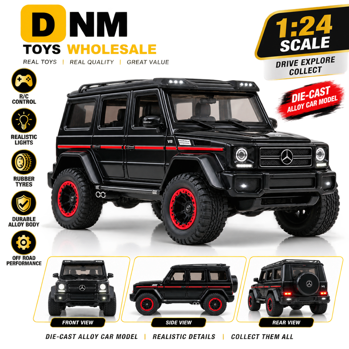 CZ117E-BLK-124 - 1:24 Black Off-Road RC Alloy Car with Red Stripe | CZ117E