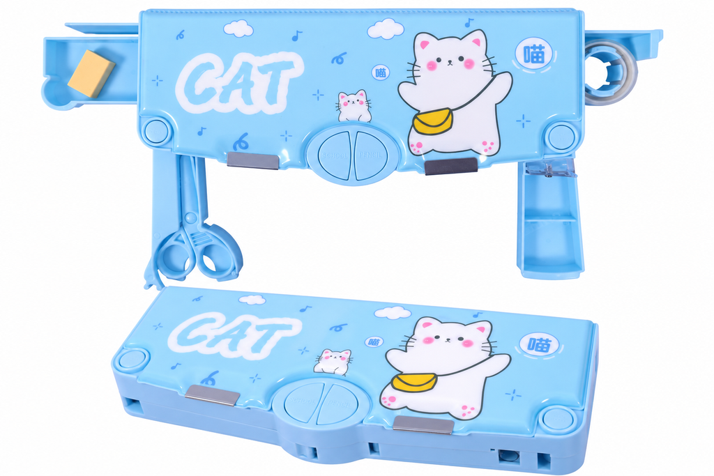 Cat Sky Blue Multifunction Pencil Box with Button Storage, Built-in Sharpener & Spacious Stationery Organizer for Kids