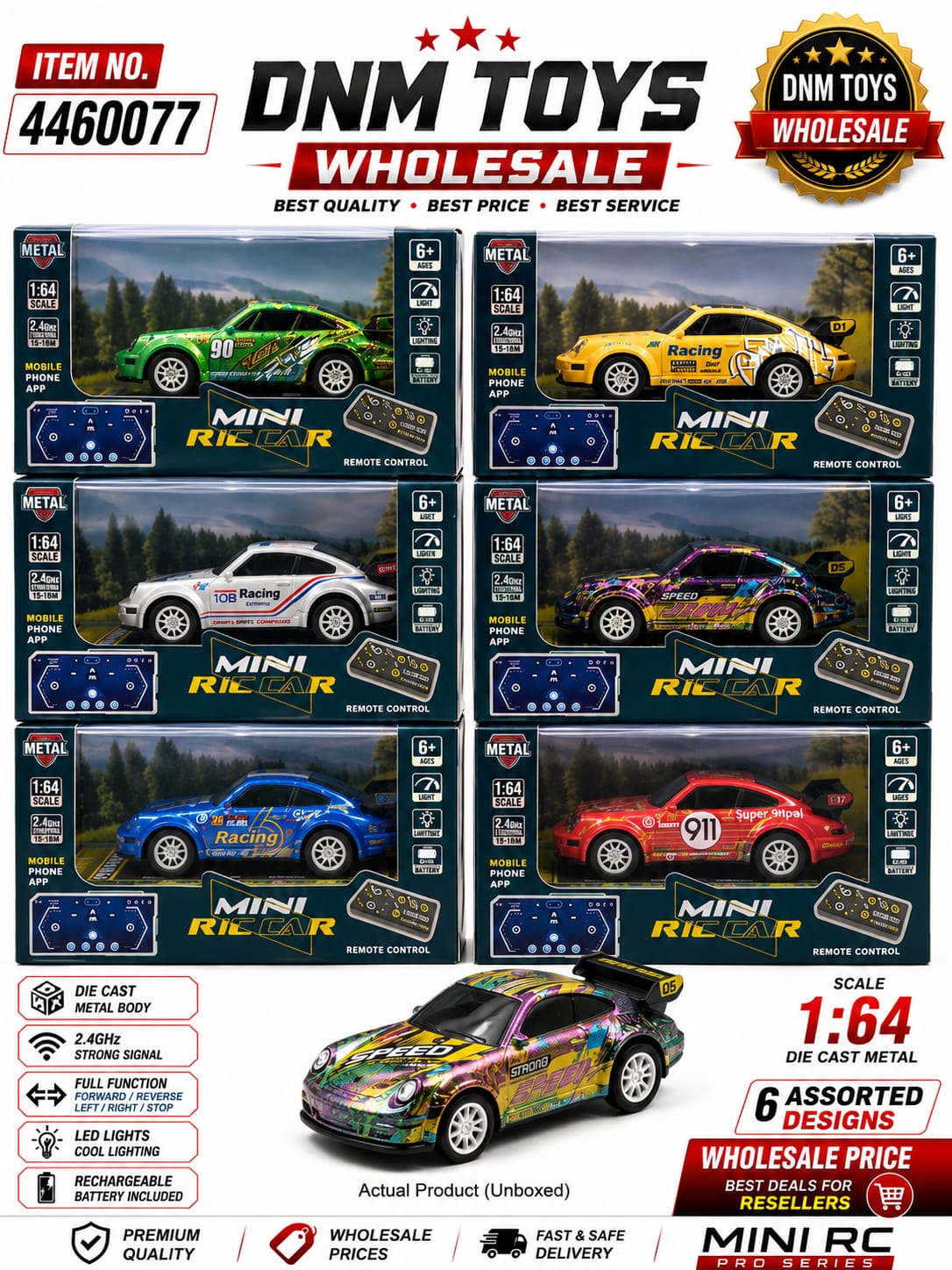 DNM Toys 1:64 Scale Mini RC Pro Series Car – Die-Cast Metal Remote Control Racing Car for Kids & Collectors (Assorted Designs Available)