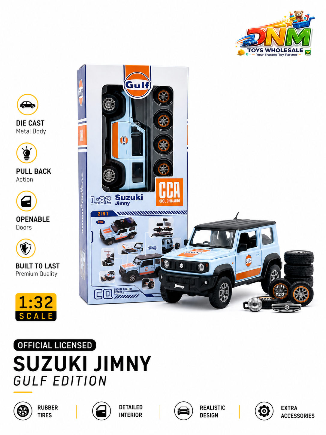 CCA Official Licensed Suzuki Jimny Gulf Edition Diecast Model Car | 1:32 Scale Pull Back Metal Toy SUV with 2-in-1 Tuning Kit [ PACK 1 ]