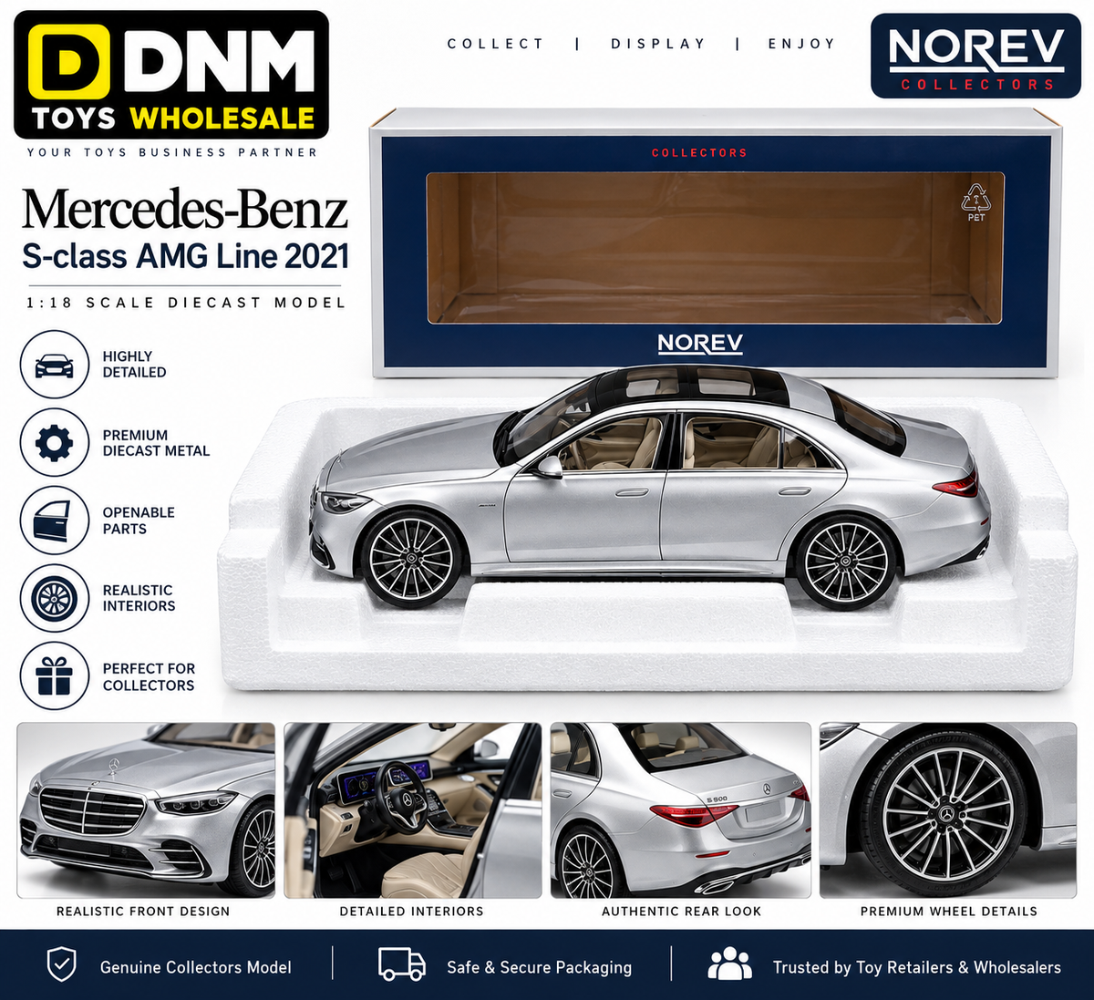 1:18 Scale Mercedes-Benz S-Class AMG Line 2021 Diecast Model Car – Silver