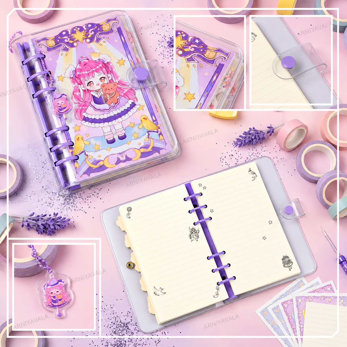 Cute Kawaii A5 Spiral Notebook Diary with Button Closure – Little Princess Design Journal with Dividers, Refillable Pages & Tabs