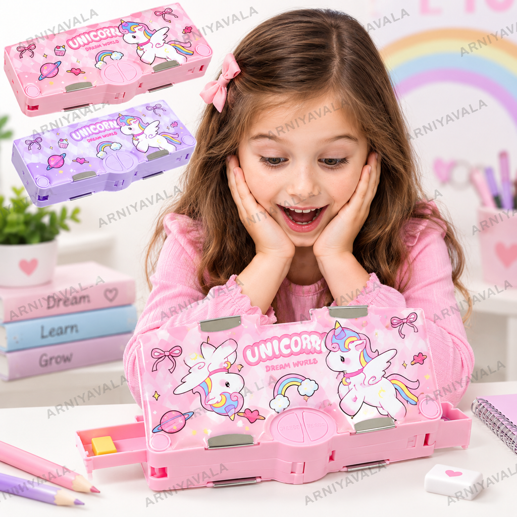 Unicorn Pencil Box for Girls & Kids, Dual-Sided Multifunctional Pop Up Pencil Case with Magnetic Lock, Built-in Sharpener, Scissor & Eraser Compartments, Pen & Pencil Holder