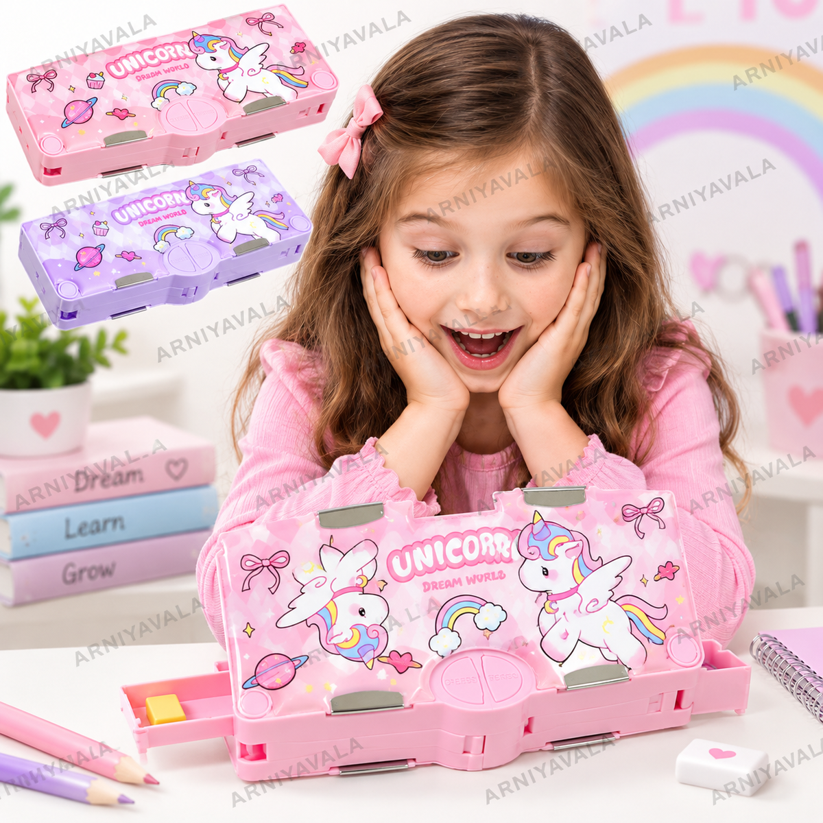 Unicorn Pencil Box for Girls & Kids, Dual-Sided Multifunctional Pop Up Pencil Case with Magnetic Lock, Built-in Sharpener, Scissor & Eraser Compartments, Pen & Pencil Holder