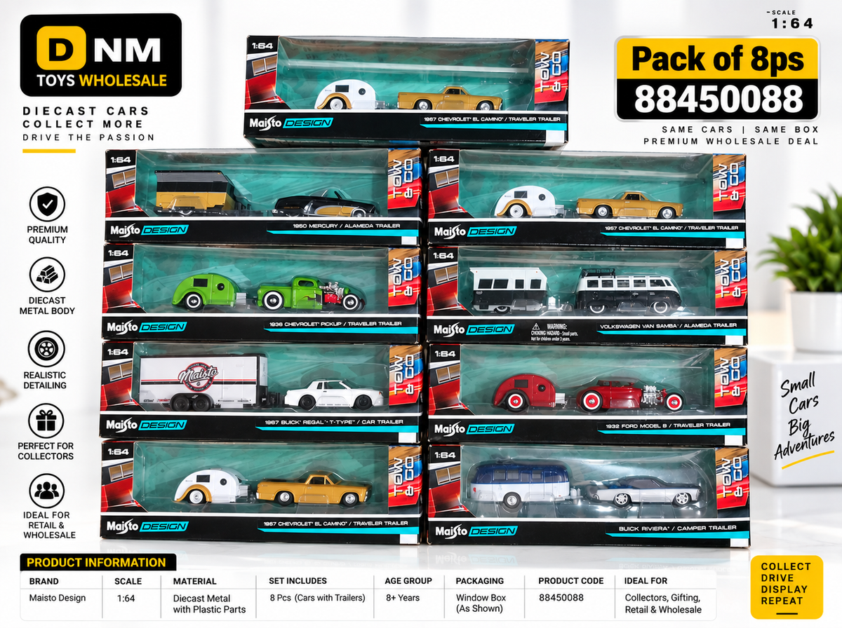 88450088 - Maisto 1:64 Die-Cast Car & Trailer Set | Pack of 8