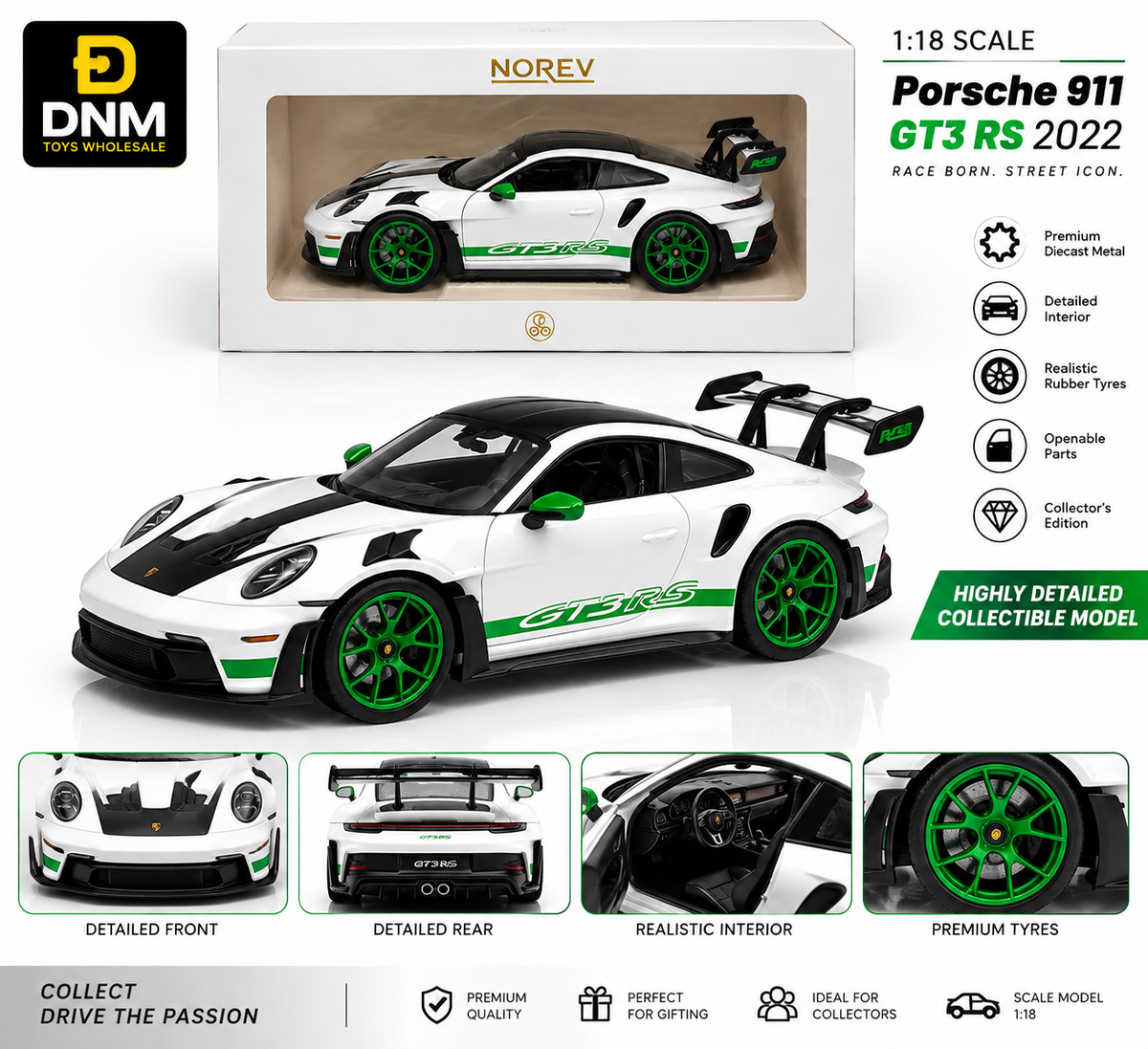 Porsche 911 GT3 2022 1:18 Scale Diecast Model Car – White & Green