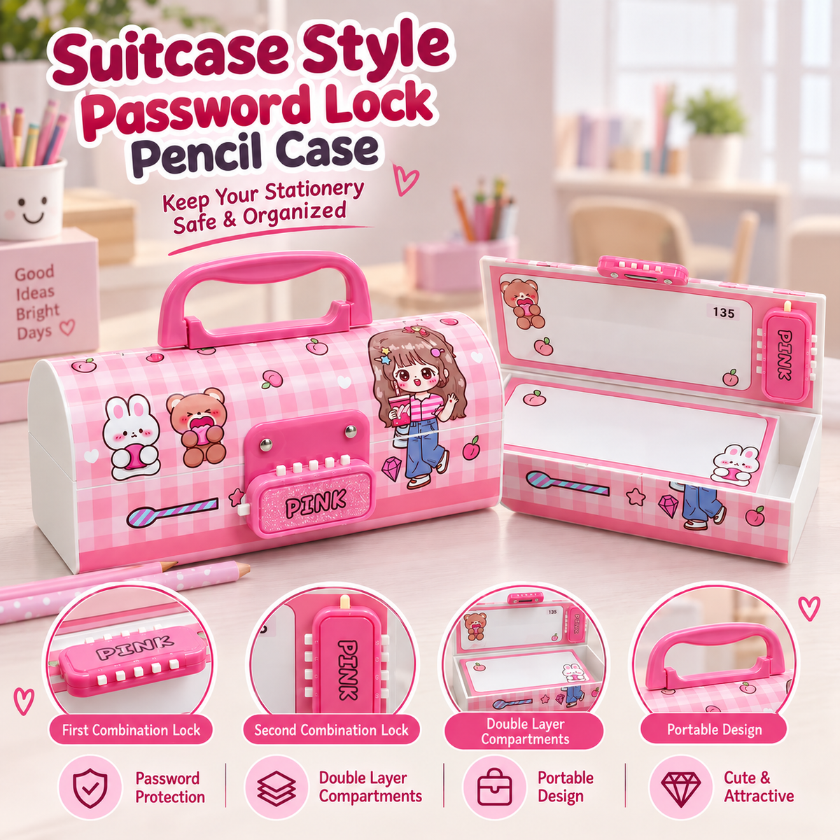 Portable Suitcase Style Pencil Box for Kids with Double Password Lock & Handle | Multi-Layer Large Capacity Stationery Organizer Case