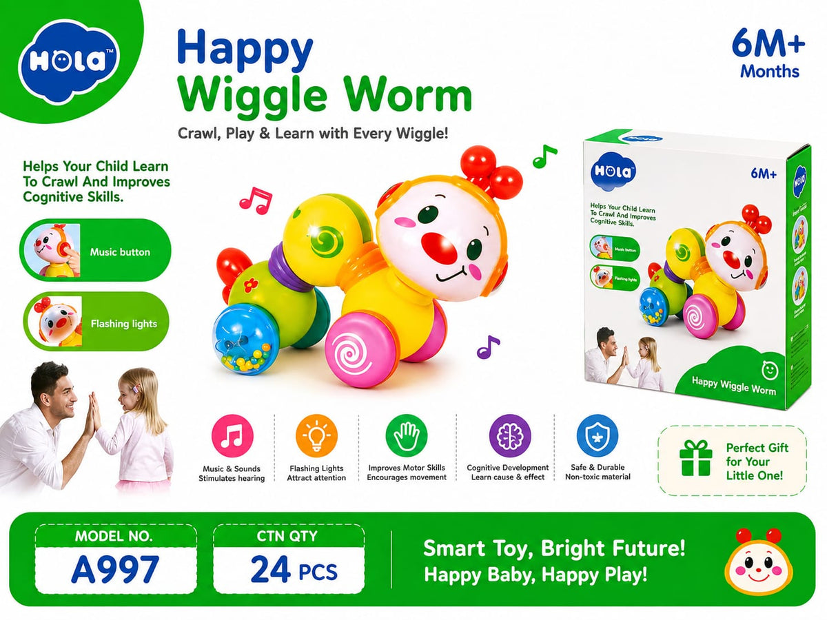 A997 Hola Happy Wiggle Worm 6 Months+ – Interactive Crawling Baby Toy with Music & Flashing Lights