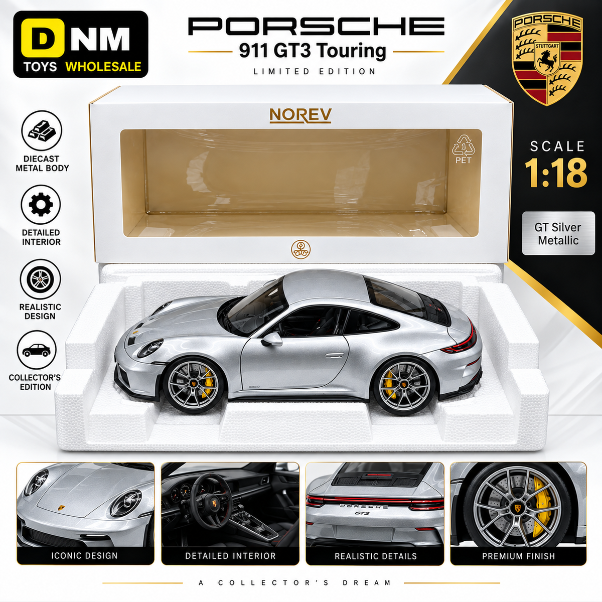 NRV-911GT3-18 - 1:18 Porsche 911 GT3 Touring 2025 Diecast Model Car – GT Silver Metallic Limited Edition