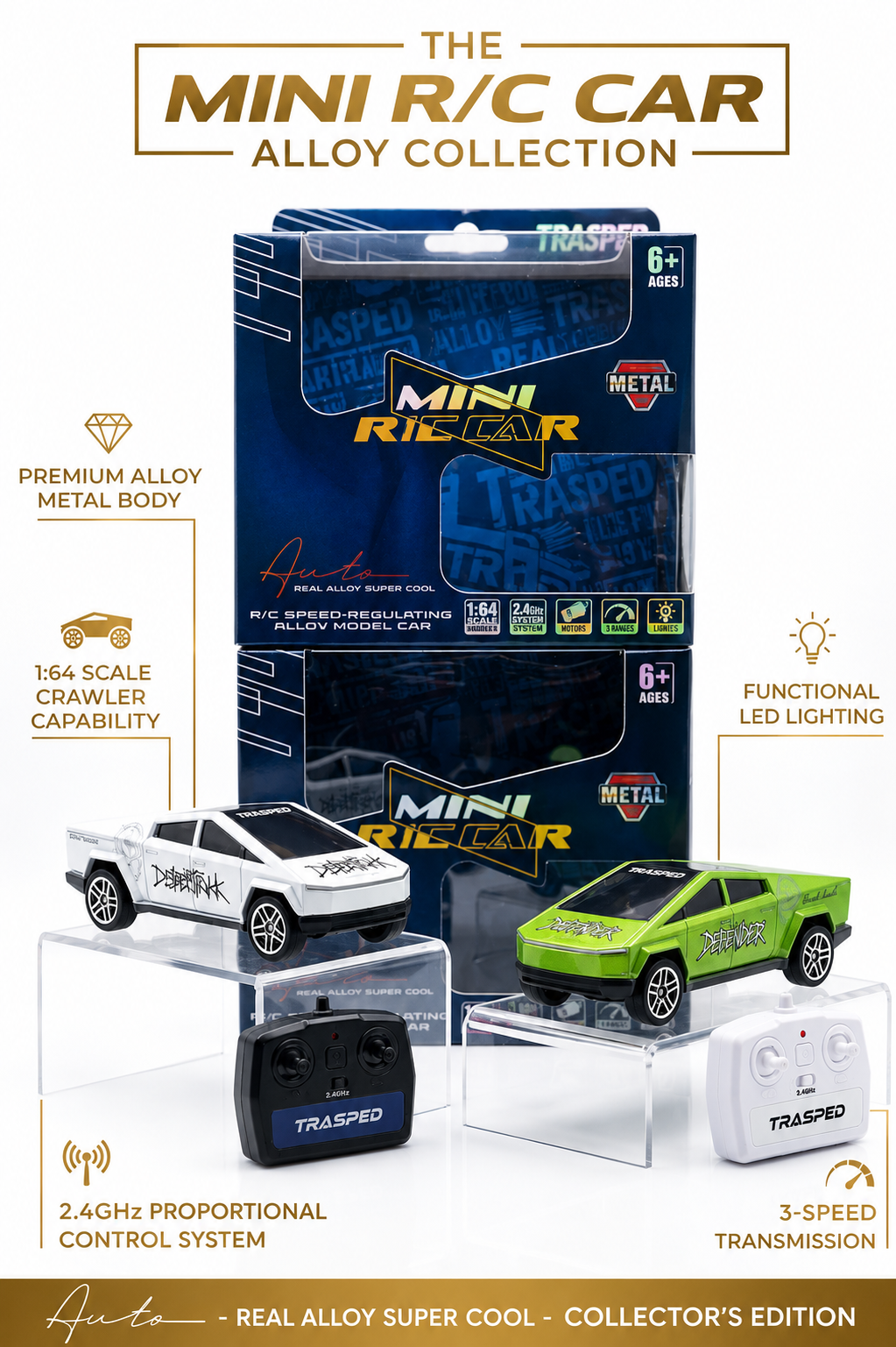 Trasped 1:64 Scale Die-Cast Alloy Cybertruck Style RC Car — 3-Speed Proportional Micro Crawler with LED Lights
