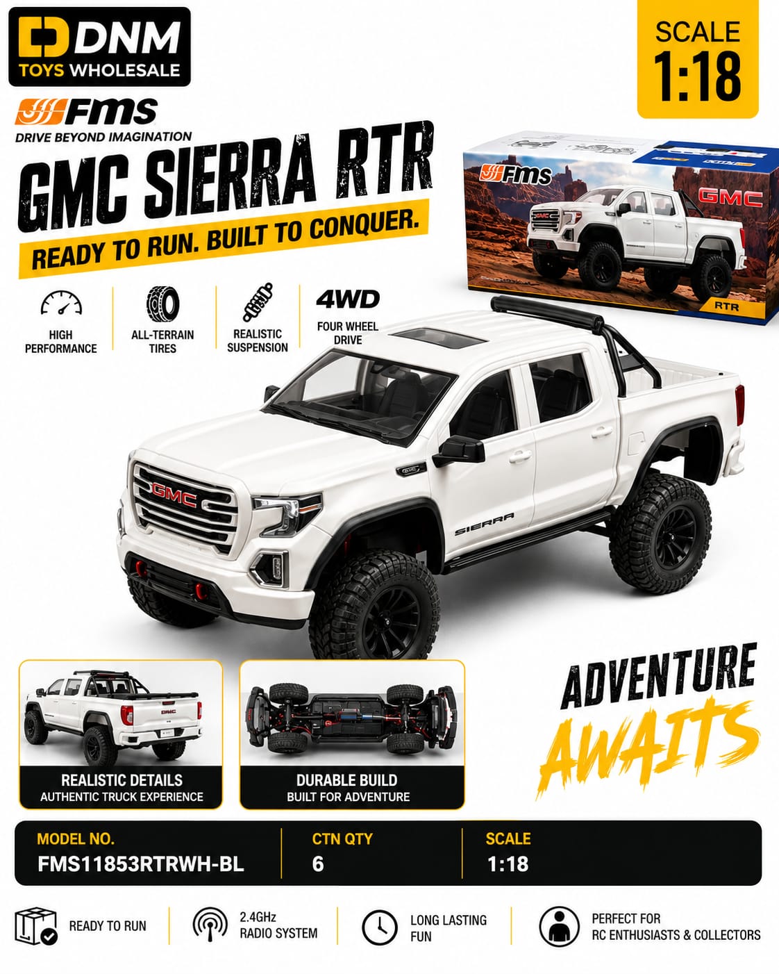FMS GMC Sierra RTR 1:18 Scale 4WD Ready-to-Run RC Pickup Truck
