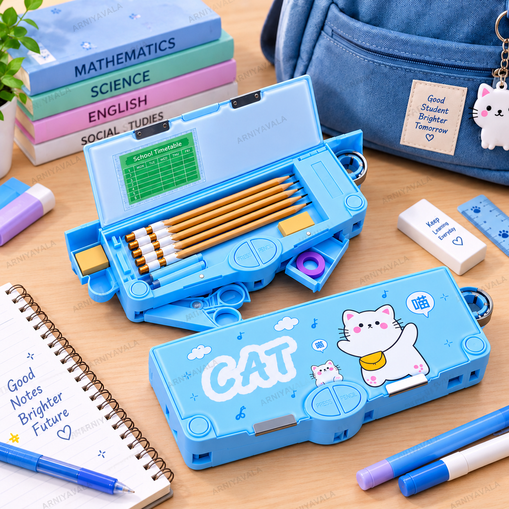 Cat Sky Blue Multifunction Pencil Box with Button Storage, Built-in Sharpener & Spacious Stationery Organizer for Kids