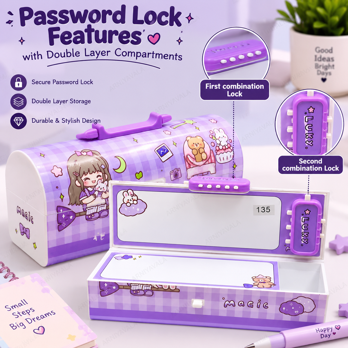 Portable Suitcase Style Pencil Box for Kids with Double Password Lock & Handle | Multi-Layer Large Capacity Stationery Organizer Case