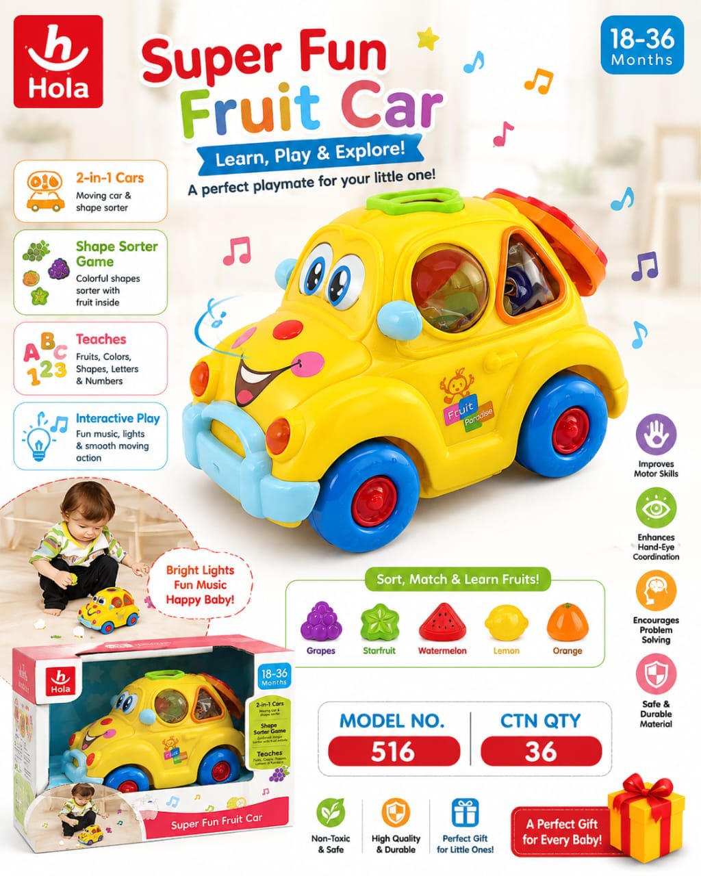 Hola Fruit Car Shape Sorter Toy 18–36 Months – Musical Moving Car with Fruit, Colour & Shape Learning