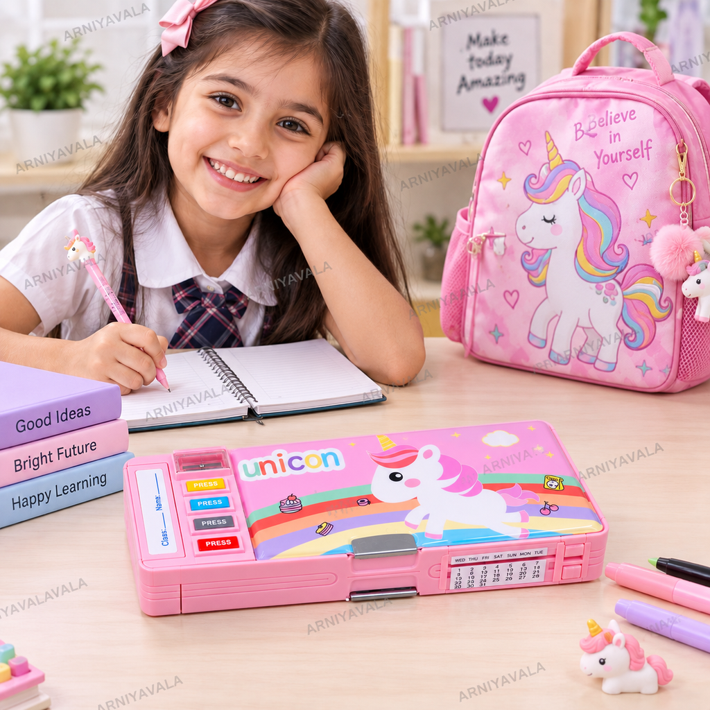 Unicorn Pencil Box for Girls & Kids, Multifunctional Dual-Sided Pencil Case with Magnetic Lock, Built-in Sharpener, Pen & Pencil Holder, Eraser & Stationery Storage, Personalized Name Space