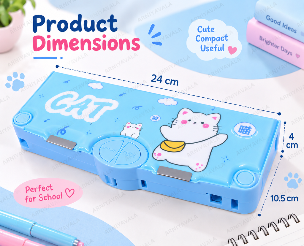 Cat Sky Blue Multifunction Pencil Box with Button Storage, Built-in Sharpener & Spacious Stationery Organizer for Kids