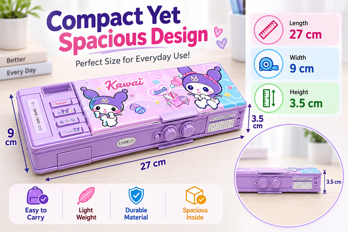 Kawaii Purple Multifunction Password Lock Pencil Box with Built-in Sharpener & Calendar, Magnetic Geometry Box with Pop-Up Buttons
