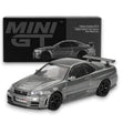 MGT01160 = Mini GT Nissan Skyline GT-R R34 NISMO CRS Version Dark Metal Gray 1:64 Scale Diecast Model Car(1160)