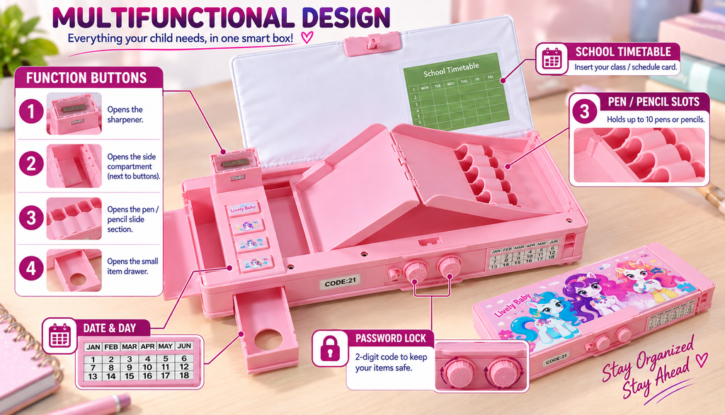 Multifunctional Double Side Pop-Up Pencil Box with 2-Digit Password Lock, Inbuilt Sharpener & Calendar Dial | Smart Compass Box for Kids