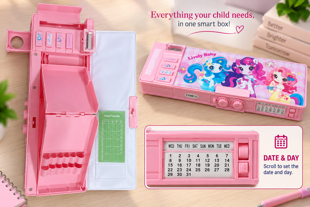 Lively Baby Unicorn Multifunction Pencil Box for Girls with 2-Digit Password Lock, Built-in Sharpener & School Timetable
