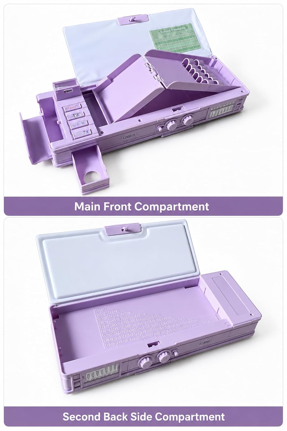 Kawaii Purple Multifunction Password Lock Pencil Box with Built-in Sharpener & Calendar, Magnetic Geometry Box with Pop-Up Buttons