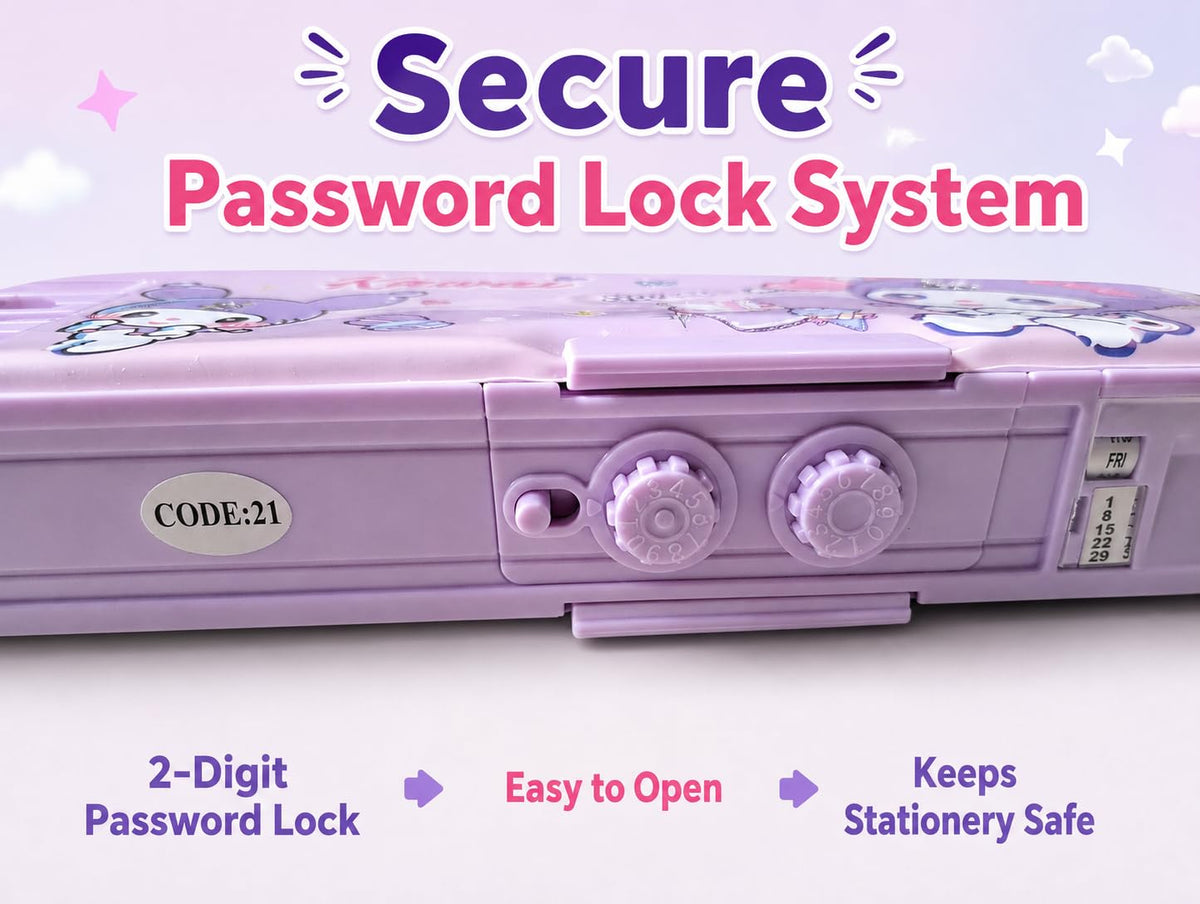 Kawaii Purple Multifunction Password Lock Pencil Box with Built-in Sharpener & Calendar, Magnetic Geometry Box with Pop-Up Buttons