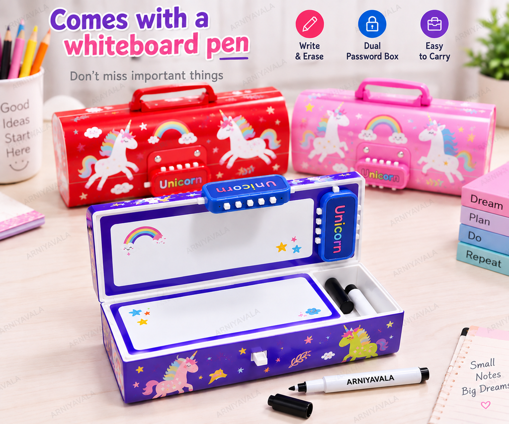 Portable Suitcase Style Pencil Box for Kids with Double Password Lock & Handle | Multi-Layer Large Capacity Stationery Organizer Case