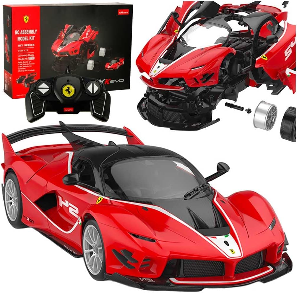 Rastar Ferrari FXK Evo 1:18 Scale RC Assembly Model Kit | DIY Plastic Sports Car with 2.4GHz Remote Control | Opening Doors & Rear Cooling Feature | Model Car for Collection & Display