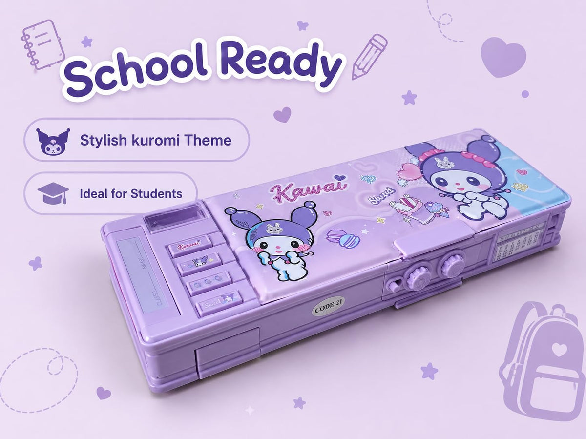 Kawaii Purple Multifunction Password Lock Pencil Box with Built-in Sharpener & Calendar, Magnetic Geometry Box with Pop-Up Buttons