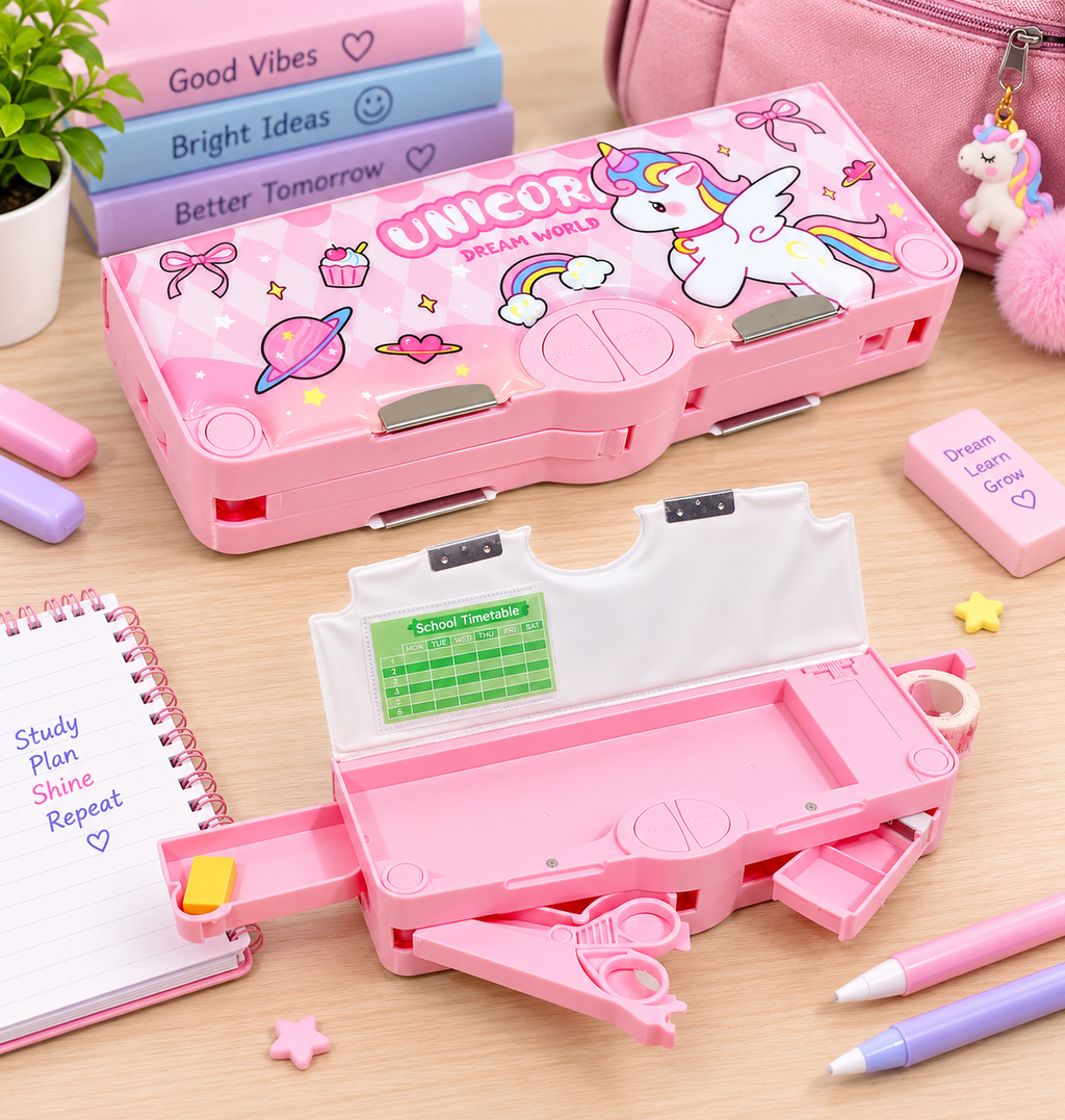 Unicorn Pencil Box for Girls & Kids, Dual-Sided Multifunctional Pop Up Pencil Case with Magnetic Lock, Built-in Sharpener, Scissor & Eraser Compartments, Pen & Pencil Holder